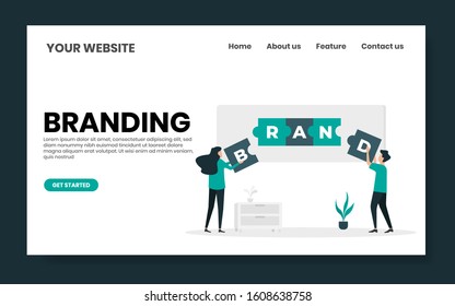 Branding Landing Page Concept. People Work Together To Build Brand. Vector Illustration