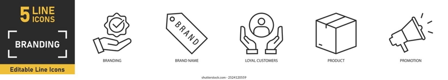 Branding line icon set. Set of 5 outline icons related to branding, brand name, loyal customers, product, promotion and more. Vector illustration.