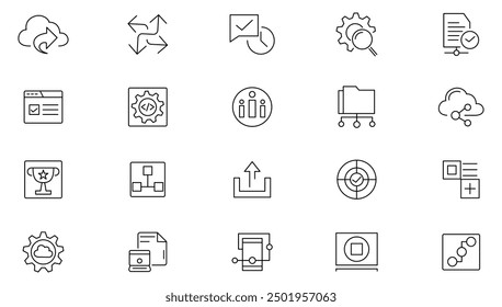 Branding line icon set. Containing marketing, product, brand value, design, logo, brand development, social media, advertising Outline icon collection. UI thin line icon pack.