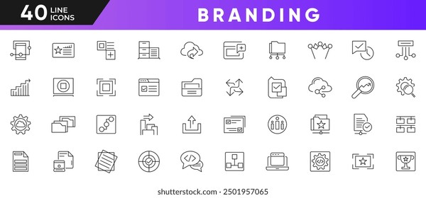 Branding line icon set. Containing marketing, product, brand value, design, logo, brand development, social media, advertising Outline icon collection. UI thin line icon pack.