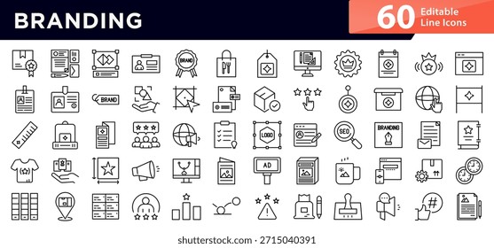 Branding Line Icon Set. Logo, identity, brand strategy, typography, color palette, marketing, design, creative, business, advertising, agency, icons, vector illustration. Pixel-perfect stroke