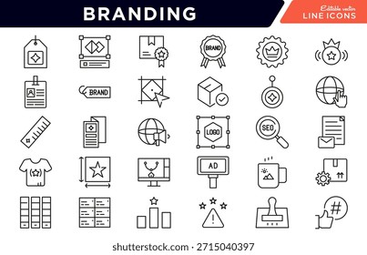 Branding Line Icon Set. Logo, identity, brand strategy, typography, color palette, marketing, design, creative, business, advertising, agency, icons, vector illustration. Pixel-perfect stroke