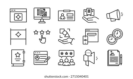 Conjunto de iconos de línea de marca. Logotipo, identidad, estrategia de marca, tipografía, paleta de colores, marketing, diseño, creatividad, negocios, publicidad, agencia, iconos, Ilustración vectorial. Trazo de píxel perfecto