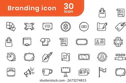 Branding line icon set for web. Including marketing, product, brand value, design, logo, brand development, advertising, strategy, social media, loyal customer and more. Editable line icons. Vector.