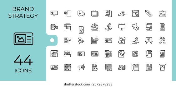 Branding linear icon collection. Includes thin line development, media, web, marketing, quality, loyal, stationery, customer. Collection for mobile and web apps. Editable stroke. Vector illustration.