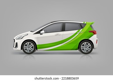 Branding livery on Company Car mockup for corporate identity design. Abstract green graphics Wrap, sticker and decal design for services van and racing car