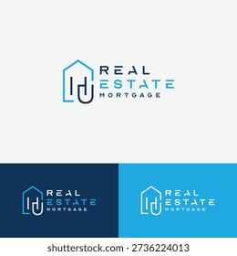 Un concepto de logotipo de marca para una empresa inmobiliaria e hipotecaria con un logotipo de arte lineal moderno. El diseño consiste en un contorno de casa minimalista que inteligentemente incorpora las letras "H" y "U" dentro de su estructura. Este conjunto profesional se muestra en tres variaciones de color distintas: la versión primaria azul y negro sobre un fondo blanco, y versiones de color blanco sobre fondos azul marino y azul brillante.