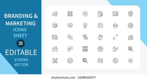  Branding and Marketing line icons set. Advertising, Promotion, Communication, Social, Media and more. Outline vector icon in linear style. Editable stroke. Vector illustration.