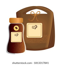 branding mockup coffee shop, glass bottle with bag paper of coffee vector illustration design