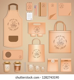 Branding Mockup set for Coffee shop, Cafe, restaurant. Corporate identity mockup. Coffee food package. Realistic MockUp set of Cloth bag, book, paper pack, cap, logo, apron- Vector