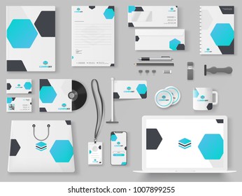 Branding Mockup set, Corporate identity mockup set includes of letterhead, file folder, envelope, coffee mug, paper pack, website, shopping bag and visiting card.