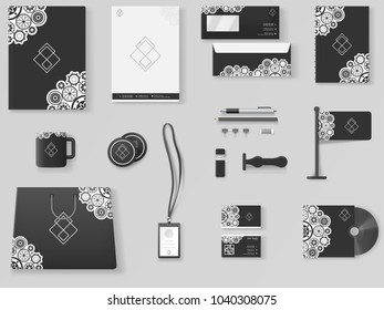 Branding Mockup set, Corporate identity mockup set includes of letterhead, file folder, envelope, coffee mug, paper pack, website, shopping bag and visiting card.