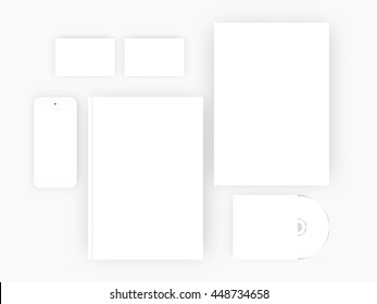 Branding Mock-up, vector illustration EPS 10. Business card, mobile phone, notebook, flyer A4 size. Isolated on white background.