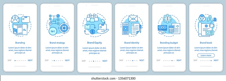 Branding onboarding mobile app page screen vector template. Walkthrough website steps, linear illustrations. Brand book development. Brand strategy, equity. UX, UI, GUI smartphone interface concept