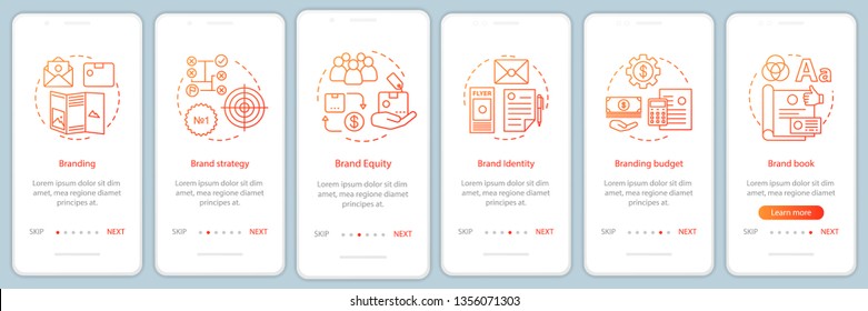 Branding onboarding mobile app page screen, linear concepts. Brand book development. Six walkthrough steps graphic instructions. Brand strategy, equity. UX, UI, GUI vector template with illustrations