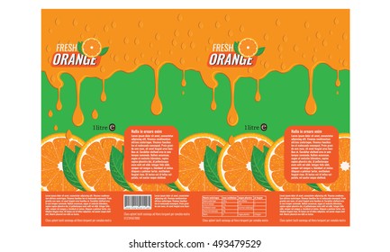 Branding package design for orange juice with flat color design. Ready Template Packaging Design Orange Vector. Orange leaves, Orange slice with realistic water drops