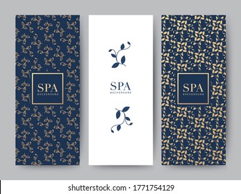 Marcas Empaquetamiento fondo de la naturaleza de la hoja, vale de la pancarta del logotipo, verano primavera tropical, oro y color azul dorado, ilustración vectorial