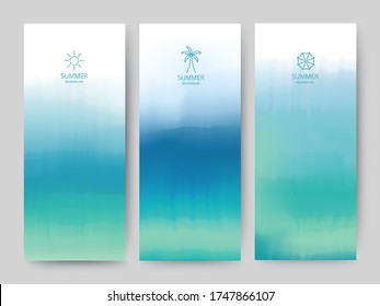 Branding Packaging pincel fondo abstracto, logotipo de línea icono vales de banner, acuarela Patrón de tela del Mar Azul. ilustración vectorial.