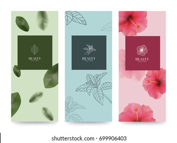 Branding Packaging Flower nature background, logo banner voucher, spring summer tropical, vector illustration