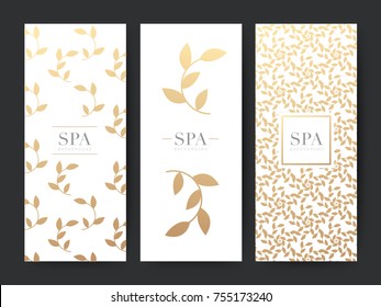 Marcas Fondo natural de la hoja de embalaje, bono de la pancarta del logotipo, Ornamentos de hojas de oro, ilustración vectorial