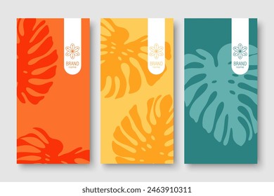 Branding packaging fondo de hoja natural, voucher, logo, Anuncio. Ilustración vectorial tropical de verano con hojas de monstruos.
