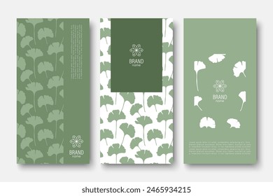 Branding packaging nature leaf background, voucher logo banner, spring summer, green vector illustration with ginkgo biloba leaves