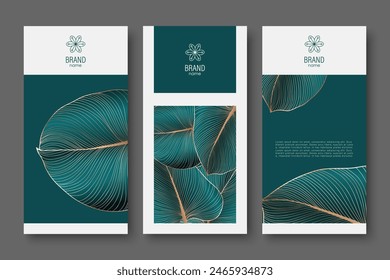 Branding packaging nature leaf background, voucher logo banner, spring summer, green luxury vector illustration with golden tropical leaves.