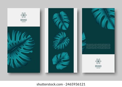 Branding packaging nature leaf background, voucher logo banner, spring summer, green luxury vector illustration with monstera leaves.