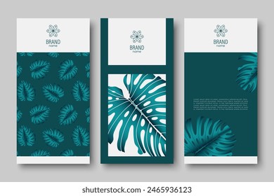 Branding packaging nature leaf background, voucher logo banner, spring summer, green luxury vector illustration with monstera leaves.