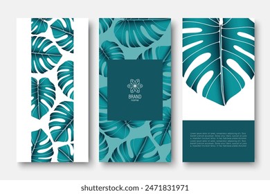 Branding packaging nature leaf background, voucher, logo, banner. Summer tropical vector illustration with monstera leaves.