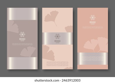 Branding packaging nature leaves background, voucher, logo, banner with ginkgo biloba leaves. Luxury vector botanical illustration.