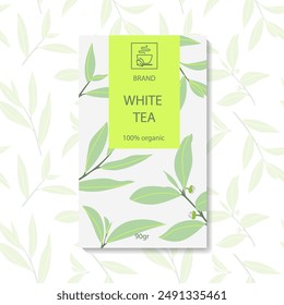 Branding, packaging. Tea packaging sticker. Box design concept for white tea packaging.