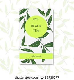 Marca, embalaje. Pegatina de envasado de té. Concepto de diseño de caja para el embalaje de té negro.