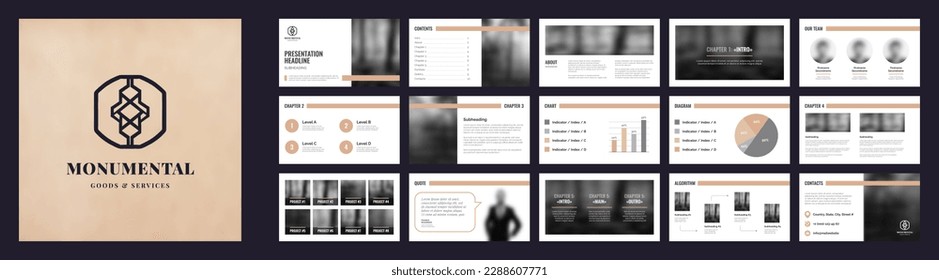 Branding presentation with premium logo and slide templates. Grey and brown backgrounds, wide screen mockup presentation, diagram and icons.