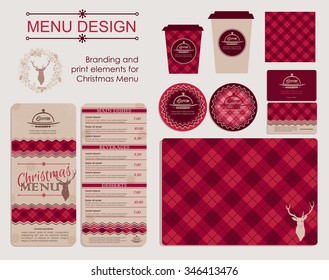 Branding And Print Elements For Christmas Menu. Template For Branding Identity Restaurant Or Cafe. Set Of Menu, Business Cards, Labels. Bright Design Concept In Red.