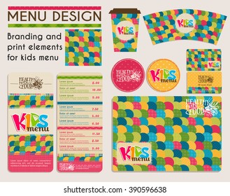 Branding and print elements for kids menu. Vector children's menu template for healthy food cafe. 