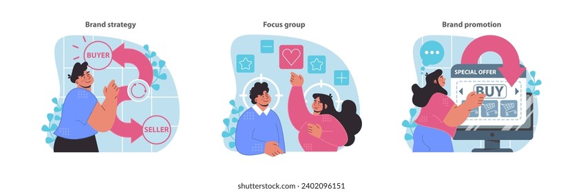 Branding process set. Analyzing buyer-seller dynamics, gauging focus group feedback, driving sales with promotions. Key marketing strategies depicted. Flat vector illustration.