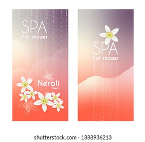 Branding promotion advertising spa, beauty treatment or aromatherapy template with white neroli orange flowers, shower waterflow and steam on background