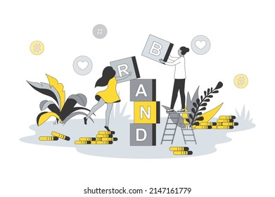 Branding and promotion concept in flat line design. People building business brand, trademark and corporate identity, making advertising campaign. Vector illustration with outline scene for web