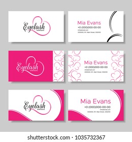 Branding for salon eyelash extension, shop cosmetic products, lashmaker, stylist. Logo, business card. Design with pink hearts. Vector illustration in modern style