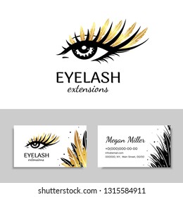 Branding for salon eyelash extension, shop cosmetic products, lashmaker, stylist. Logo and business card. Makeup with Golden feathers. Vector illustration in a modern style