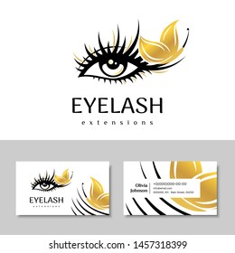Branding for salon eyelash extension, shop cosmetic products, lashmaker, stylist. Logo and business card. Makeup with Golden butterfly. Vector illustration in a modern style