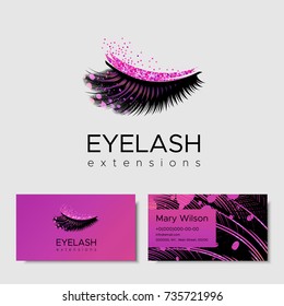 Branding for salon eyelash extension, shop cosmetic products, lashmaker, stylist. Logo, business card. Design with pink glitter. Vector illustration in modern style