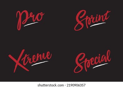 Branding scripts with the words 'Pro', 'Sprint','Xtreme' and 'Special  on a black background