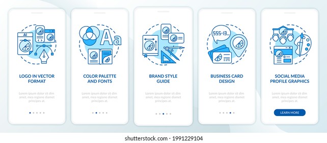 Branding services onboarding mobile app page screen with concepts. Logo in vector format walkthrough 5 steps graphic instructions. UI, UX, GUI vector template with linear color illustrations