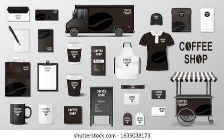 Branding set for coffee shop, cafe. Realistic coffee corporate identity template design. Vector illustration