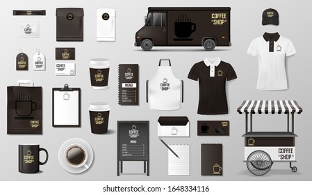 Branding set for coffee shop, cafe. Coffee corporate identity template design. Realistic set of van, paper pack, Food delivery truck, cup, pack, uniform, shirt, street menu