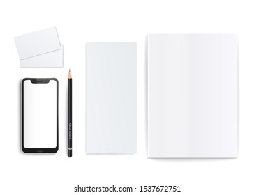 Branding set of template with blank and clean magazines and flyers, pencil and smartphone, business cards and brochures. Isolated realistic blank magazine and phone template vector illustration.