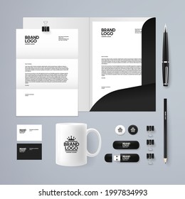 Branding stationery mock up set. Corporate brand identity mockup collection. Business mock-up template set. 3d photo realistic vector illustration.