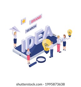 Branding strategy concept with isometric characters brainstorming creating new ideas 3d vector illustration